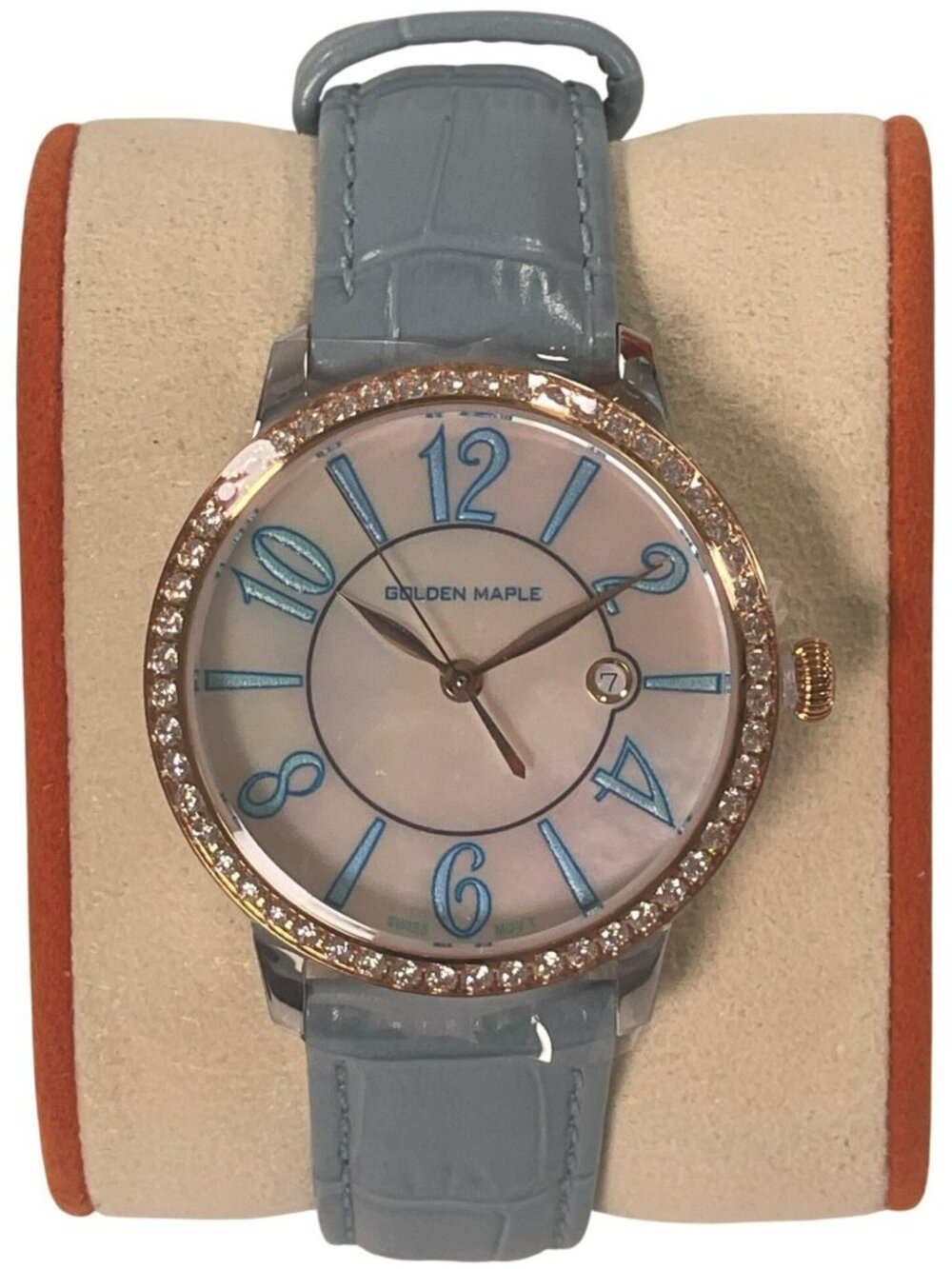 Golden Maple Ladies Watch Light Blue Leather Strap Rose Gold Bezel Swiss NEW - Picture 1 of 10